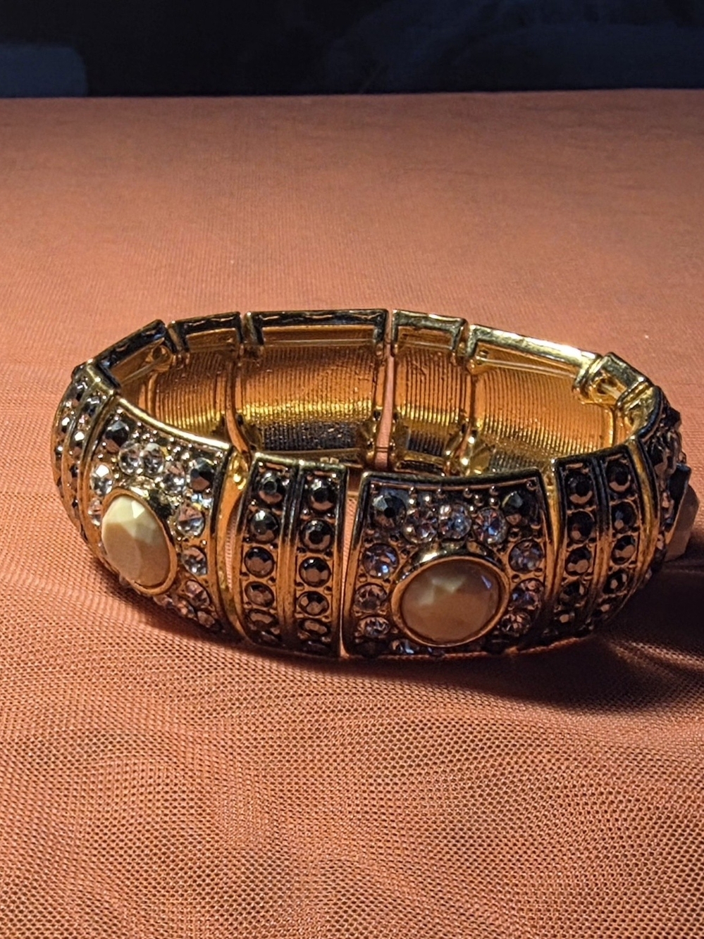 Gold-Tone Rhinestone Stretch Bracelet with Cream Cabochons